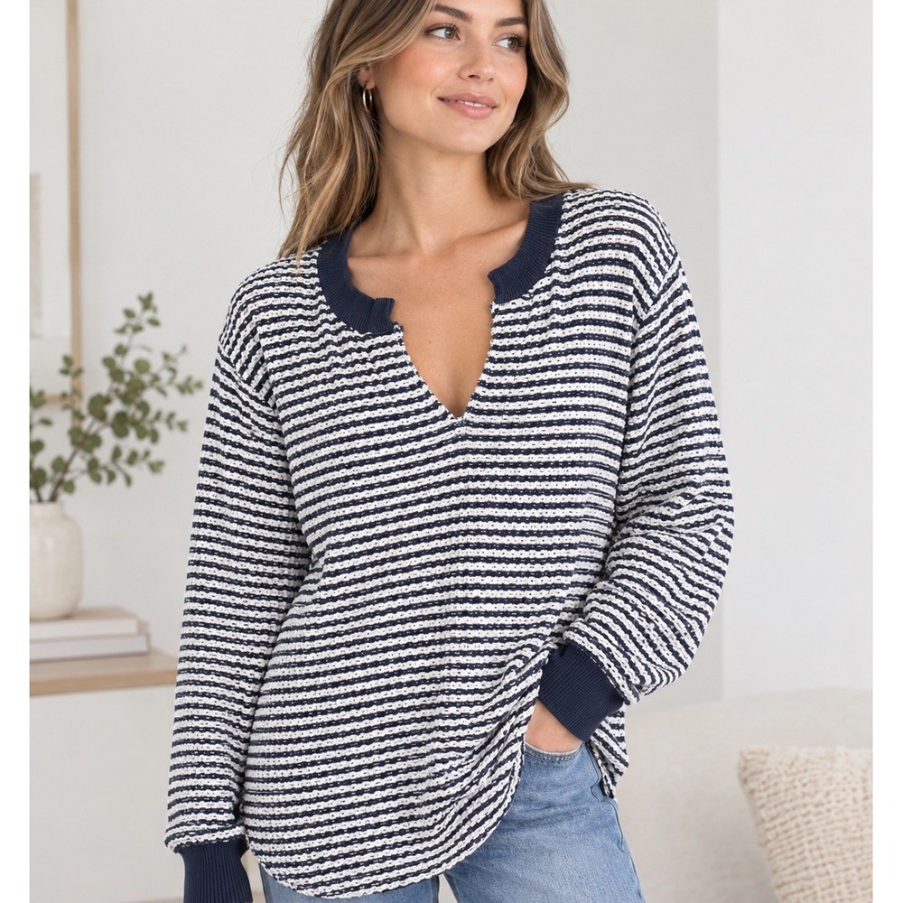 American Eagle Seriously Lived-In Waffle Top Sweatshirt Striped Navy White M